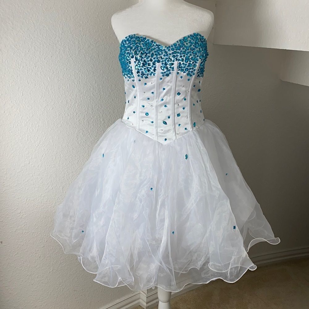 Women’s White Blue Beading Short Cocktail Prom Party Dress Corset Back Size 8